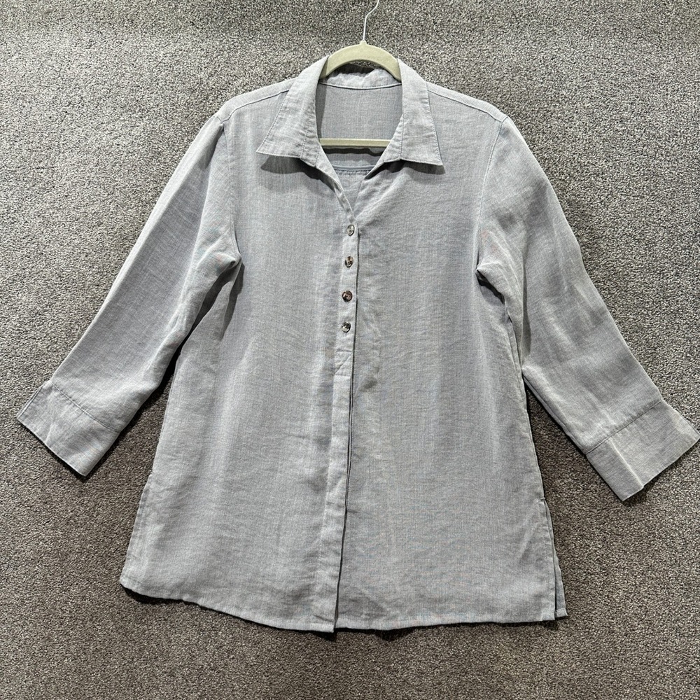 Fridaze Blouse Top Medium Gray 100% Linen Button Up Lagenlook Resortwear